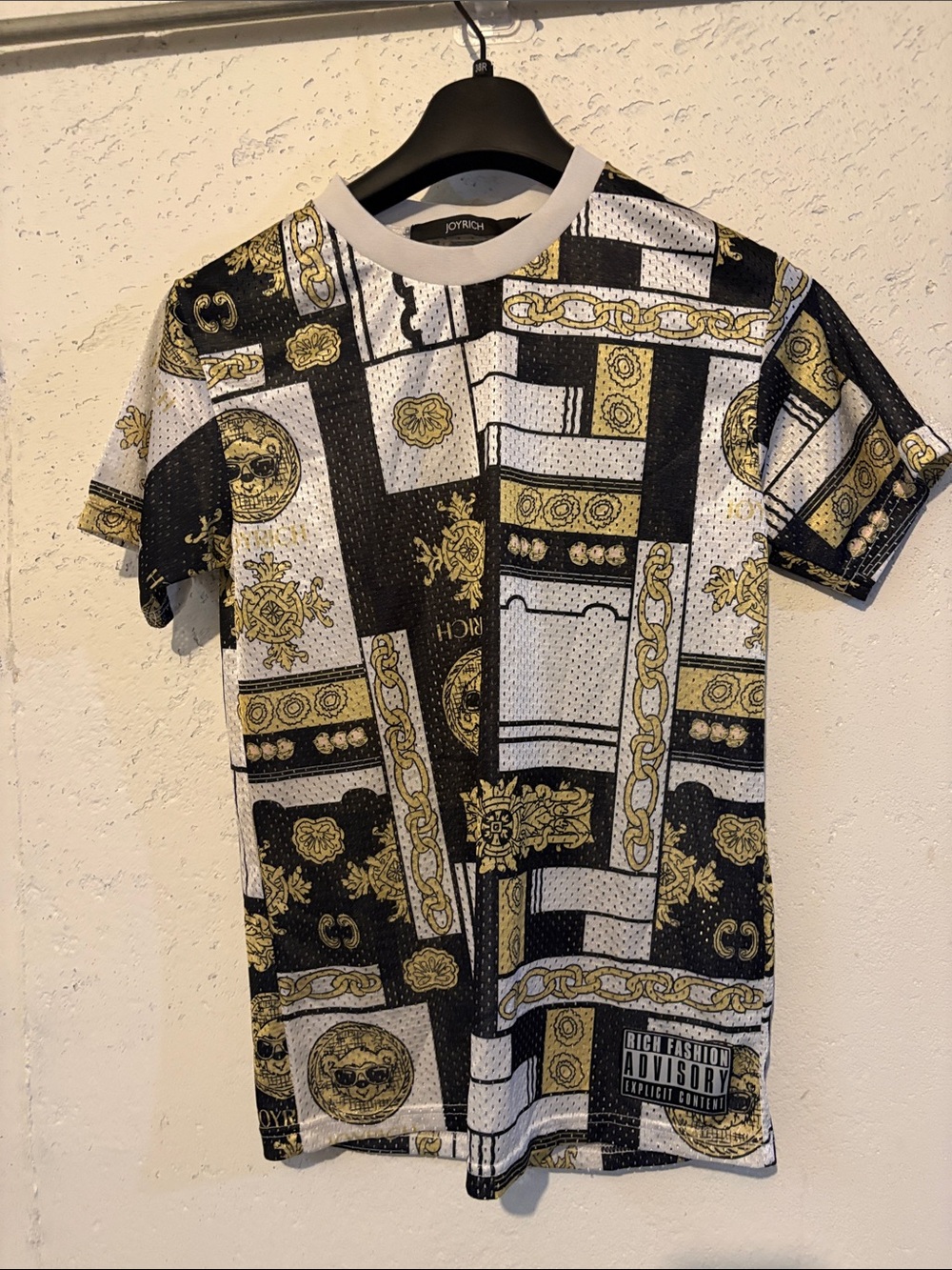 Men's Black, White & Gold Patterned Short-Sleeve Shirt